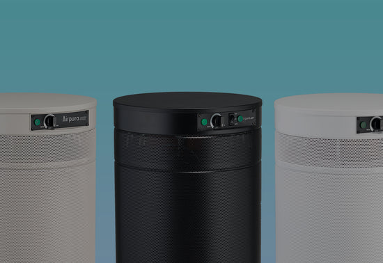 Three different coloured air purification systems by Airpura Industries