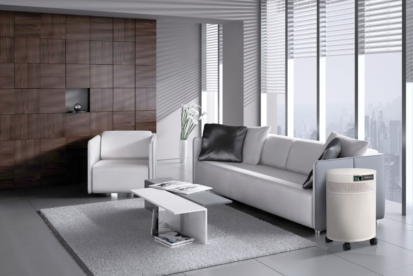 Living room with air purifier from Airpura Industries