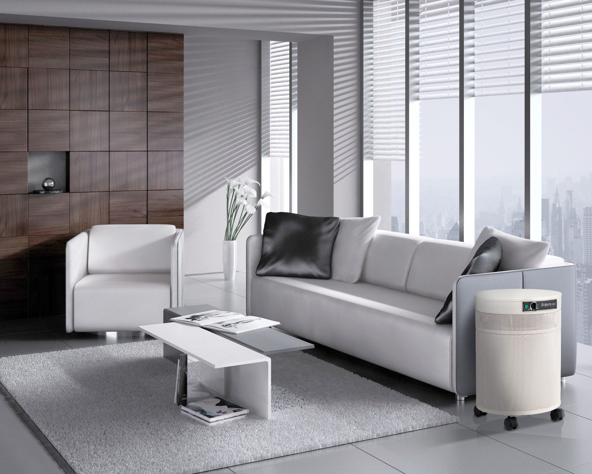 Living room with air purifier from Airpura Industries #color_white